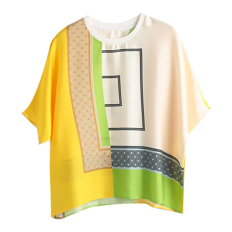 Geometric Patchwork Short Sleeve Tops Ladies Casual Printing O-neck Pullovers Women\'s Clothing Summer All-match New T-Shirts