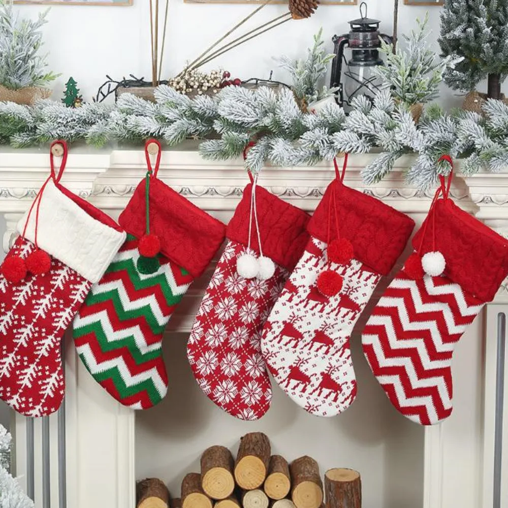 

Knit Christmas Stockings Decor Christmas Trees Ornament Party Decorations Reindeer Snowflake Stripe Candy Socks Bags Xmas Gifts