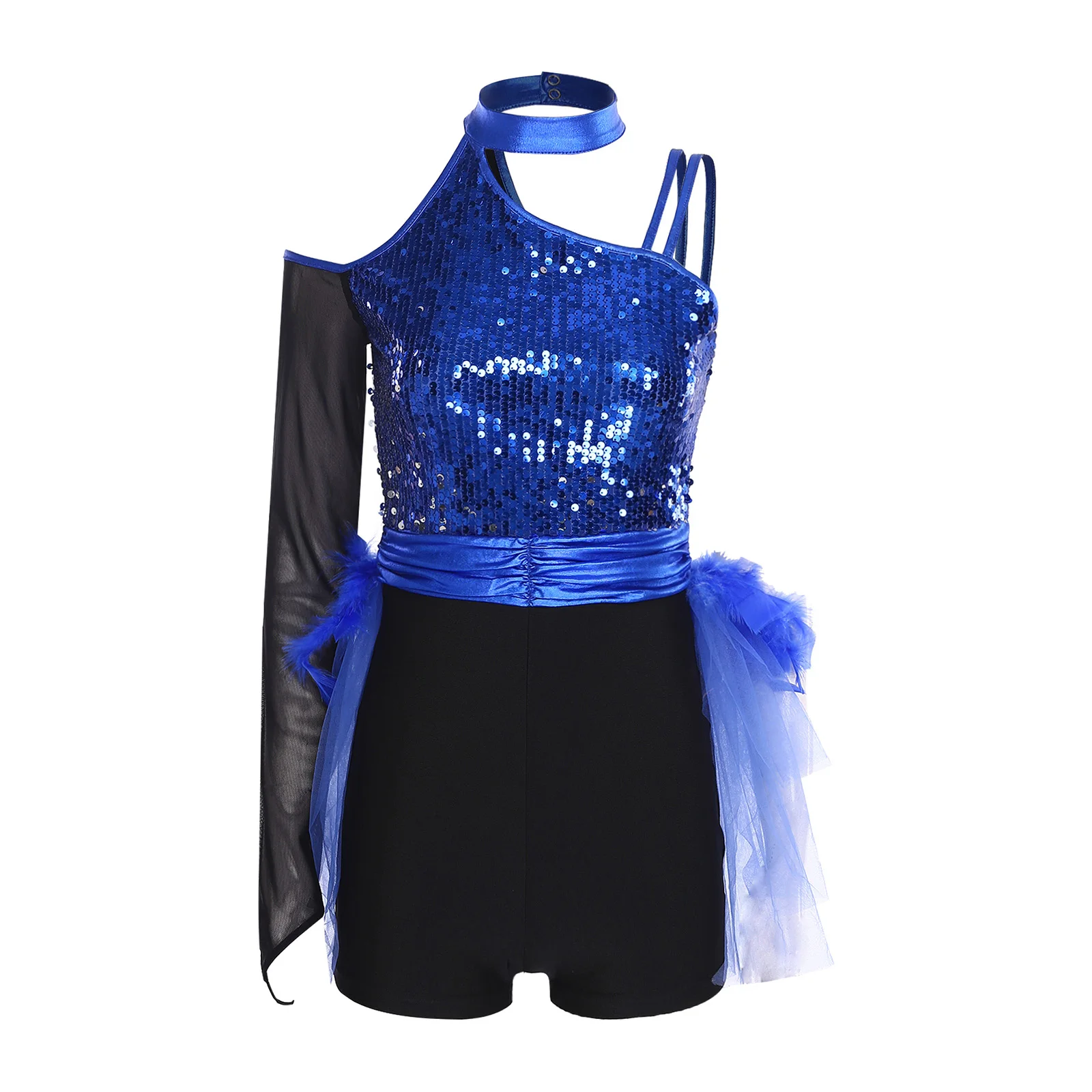 Women Sheer Mesh One Shoulder Sequin Feather Tulle Latin Jazz Dance Bodysuit for Skating Gymnastics Cha-cha Samba Performance