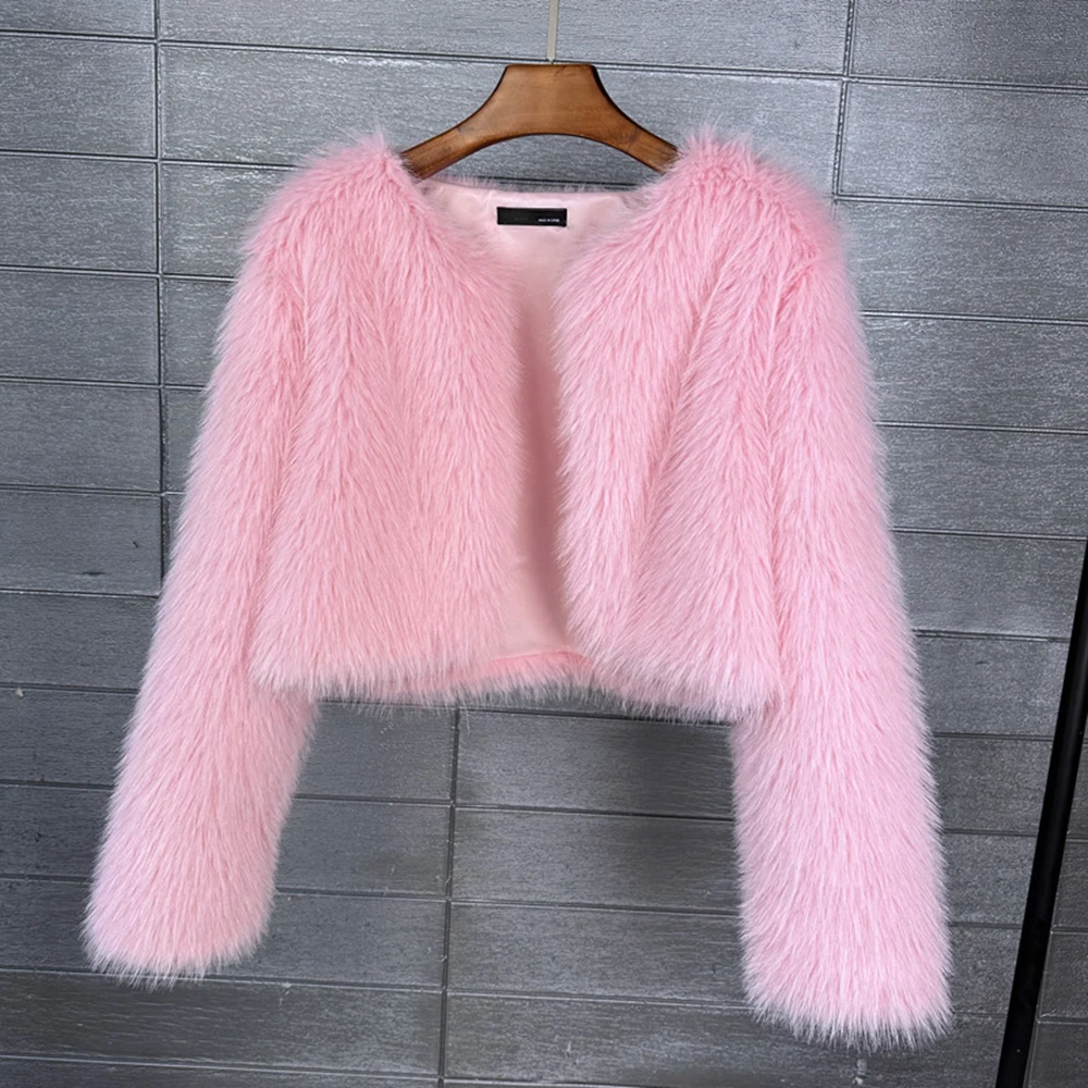 Mantel Bulu Imitasi Putih Jaket Wanita Lembut Berbulu 2025 Wanita Musim Gugur Musim Dingin Pakaian Luar Baru Mantel Pendek Warna Pink Merah Abu-abu Hitam