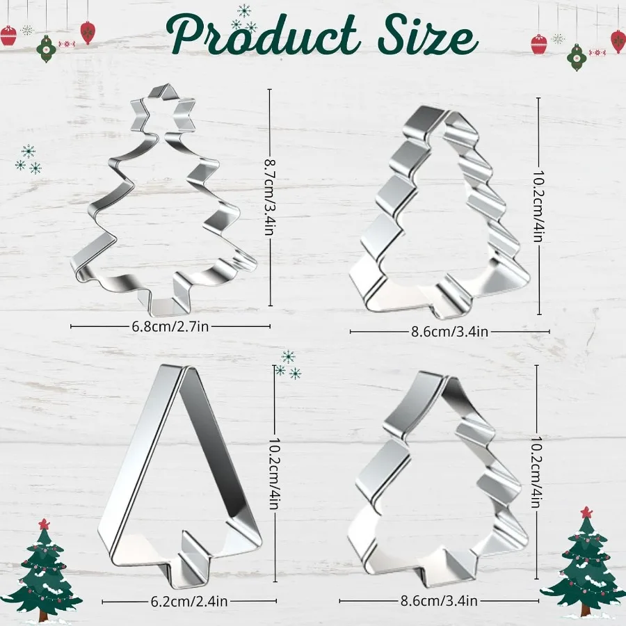 3.5ih Christmas Tree Ce Cutters4 Pieces Stainless Steel Christmas Ce Cutter Set Pastry Biscuit Fondant Cutter for Holiday