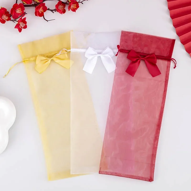 20Pcs 14x37cm Wine Organza Bag with Drawstring Champagne Red White Wine Bottle Holder Bags Wedding Party Decoration Gift Pouches
