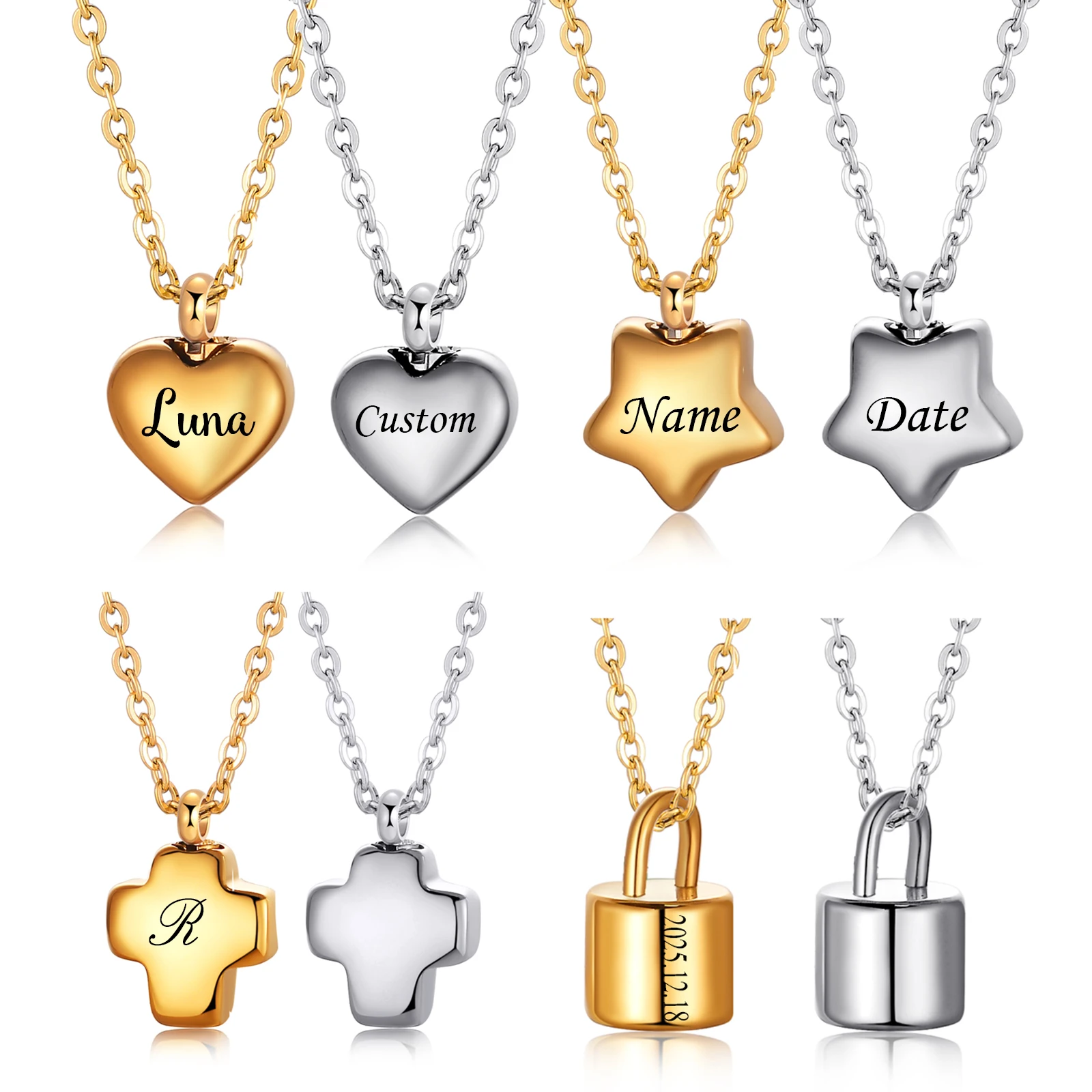 

Custom Name/Date Stainless Steel Mini Heart/Cross/Star/Padlock Urn Necklace Cremation Jewelry Ashes Pendant Making Dropshipping