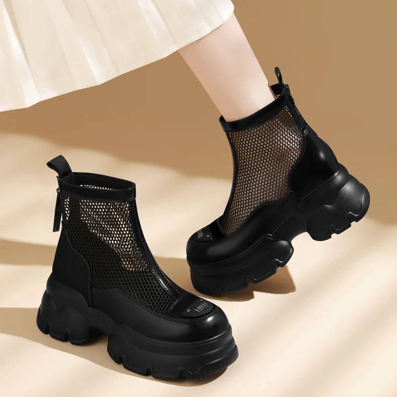 AUTUSPIN 5cm Platform Wedges Women Boots New Arrival Fashion Punk Mesh Shoes Ladies Breathable Summer Ankle Boots Size 34-40