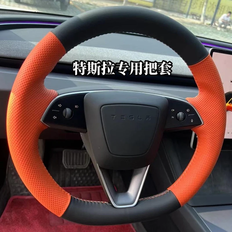 100% صالح ل تسلا موديلو 3 هايلاند 2024 2025 مخيط يدويا عدم الانزلاق جلد طبيعي أسود غطاء عجلة القيادة سيارة #3