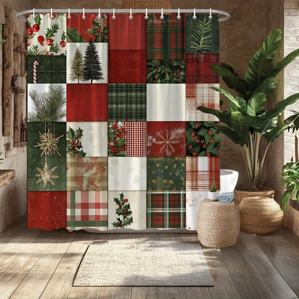 1pc Extra-Large Christmas Shower Curtain - Vintage Holiday Bathroom Decor with Holly Berries, Fir Trees, Snowflakes, And Red, Green, And Golden Plaid Patterns - Fade-Resistant, Machine Washable Polyester Fabric - 70.8X70.8Inch Extra-Large Size