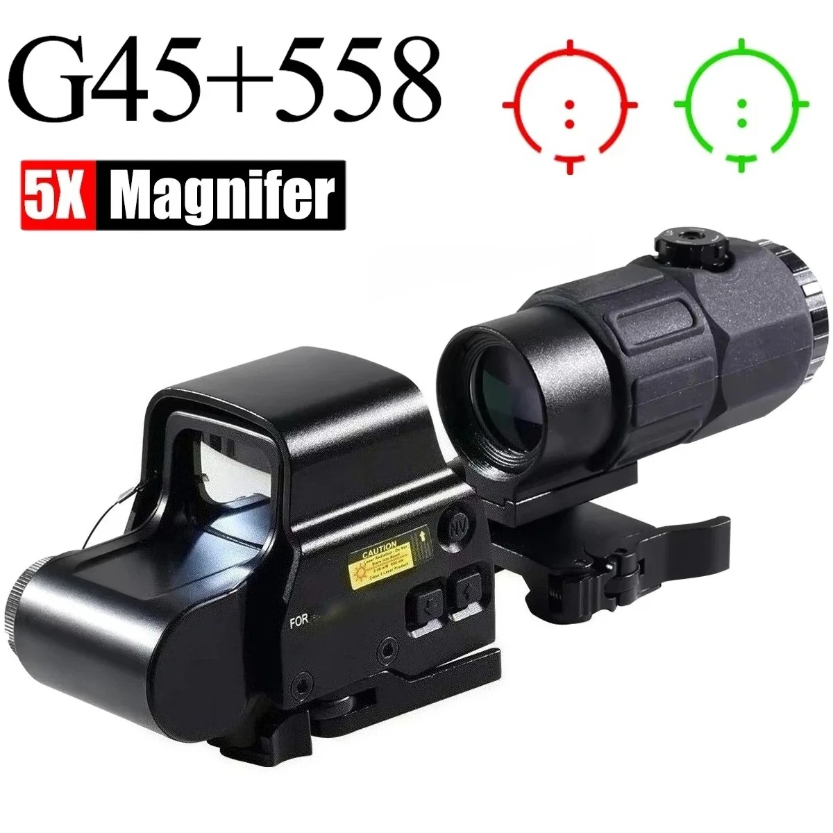 

Тактический прицел 558 с красной/зеленой точкой, голографический прицел G45 с 5-кратным увеличителем, рефлекторный оптический прицел с быстрым отсоединением и креплением на 20-мм планку