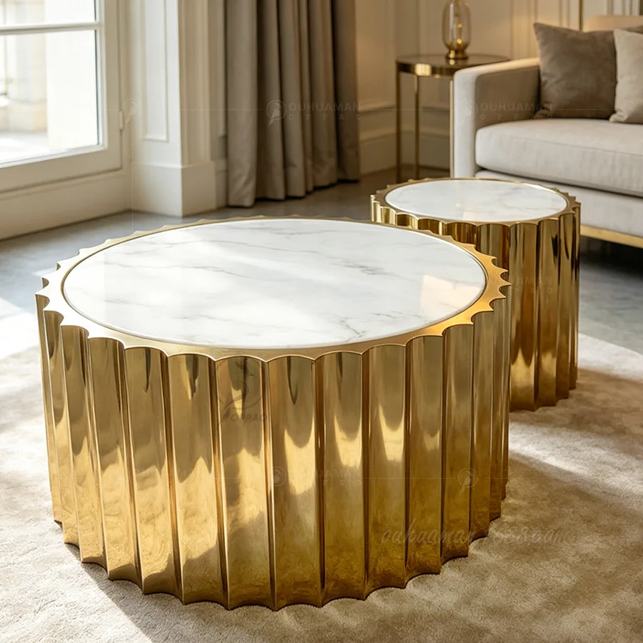 Italian light luxury coffee table marble round creative sofa edge stainless steel modern simplicity