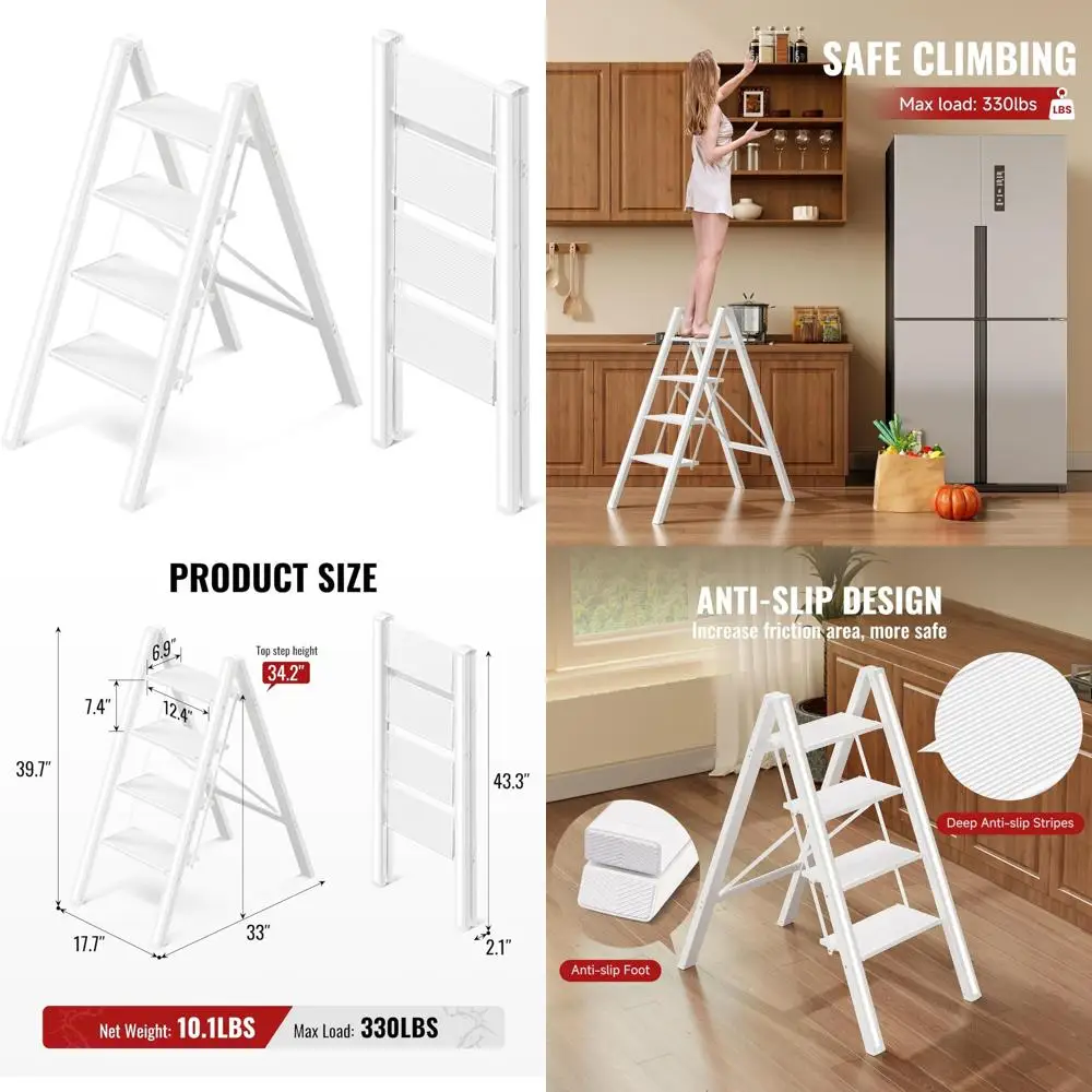 سلم ألومنيوم قابل للطي - دواسات عريضة قوية مضادة للانزلاق، خفيف الوزن ومحمول للاستخدام المنزلي