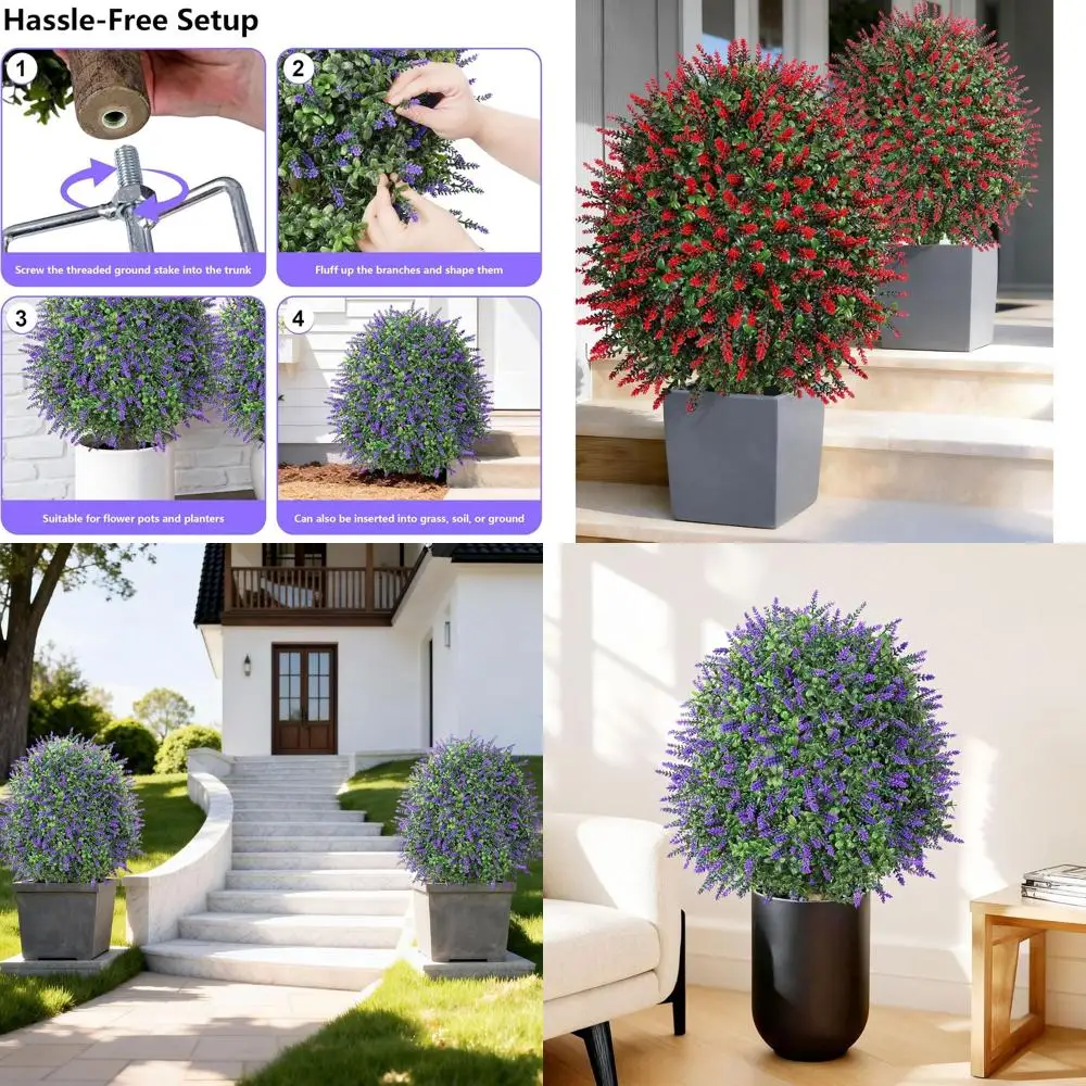 

Искусственные кусты из самшита высотой 26 дюймов с цветами лаванды, 2 штуки в упаковке - Устойчивые к УФ-излучению искусственные кусты для дома и улицы с металлическим основанием