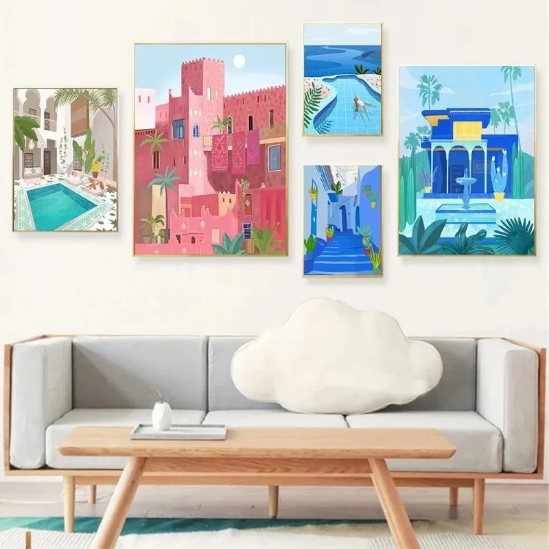 Morocco Travel Poster Swimming Pool Art Print Nordic Marrakech Canvas Painting Modern Summer Wall Picture for Living Home Decor