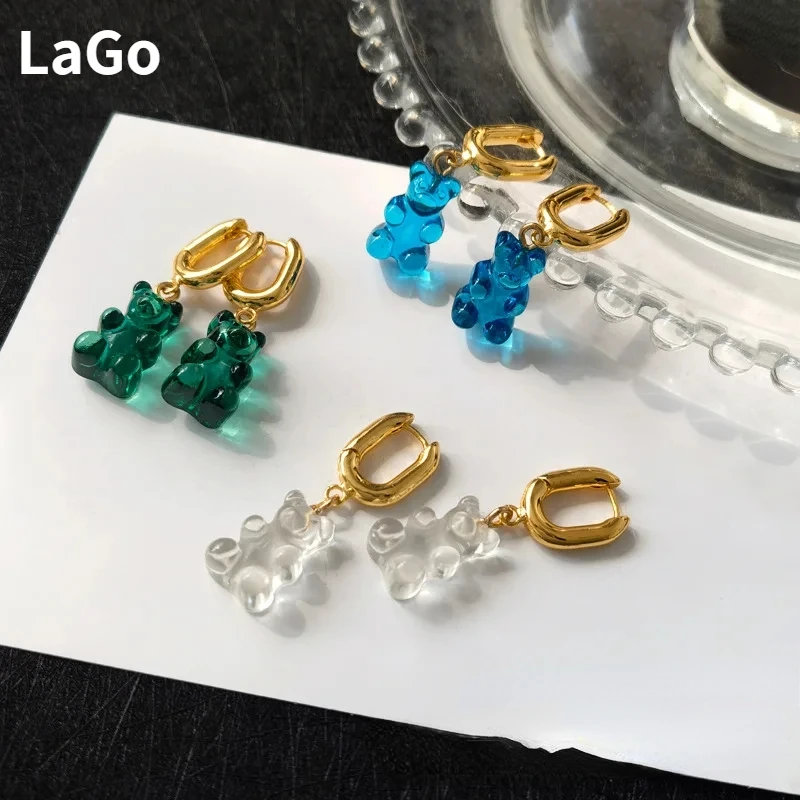 Modern Jewelry Cute style Cartoon Little Bear Blue Green Transparent Resin Drop Earrings For Women Fashion Accessories