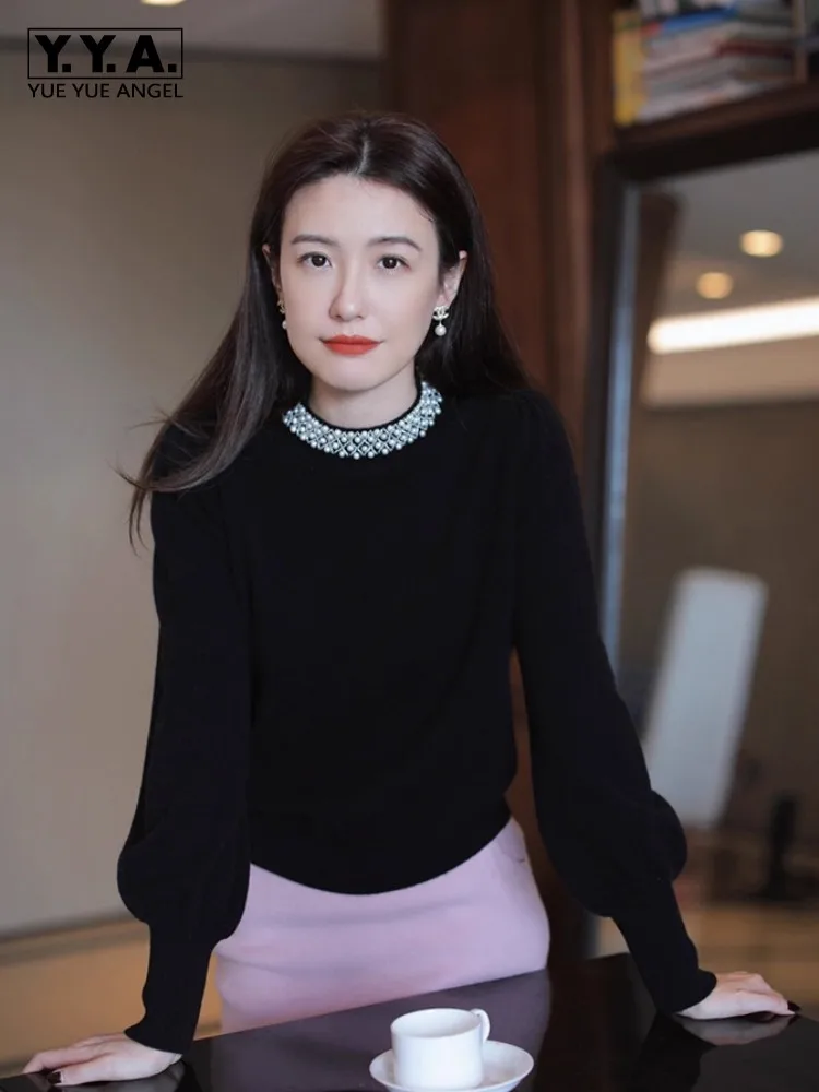 

Autumn Office Lady Beading O-Neck Knitted Sweater Sweet Women Lantern Sleeve Knitwear Korean Style Elegant Pullover Top Jumpers