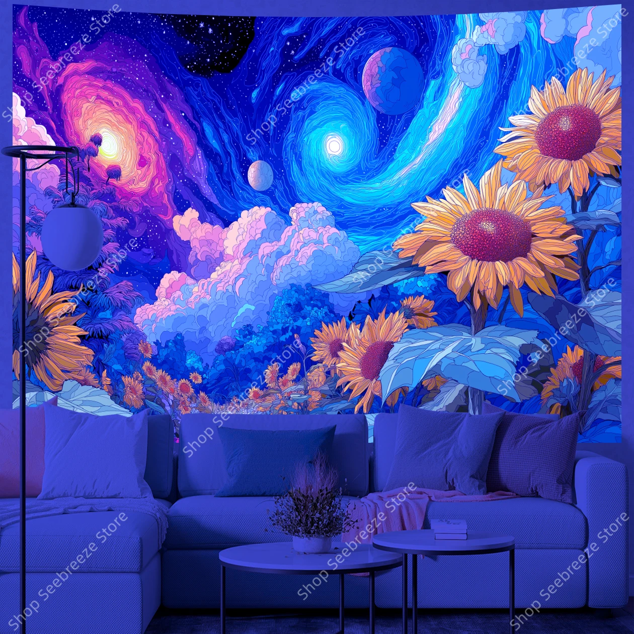 حقل عباد الشمس النابض بالحياة تحت السحرية المرصعة بالنجوم ليلة السماء الأشعة فوق البنفسجية نسيج الخيال الطبيعة الجدار الشنق لديكور غرفة المعيشة البوهيمية #4