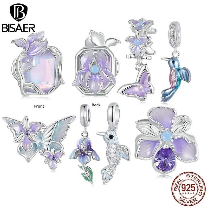 BISAER 925 Sterling Silver Blue-Purple Butterfly Iris Charm Bead Kingfisher Enamel Pendant Fit Women DIY Bracelet Fine Jewelry