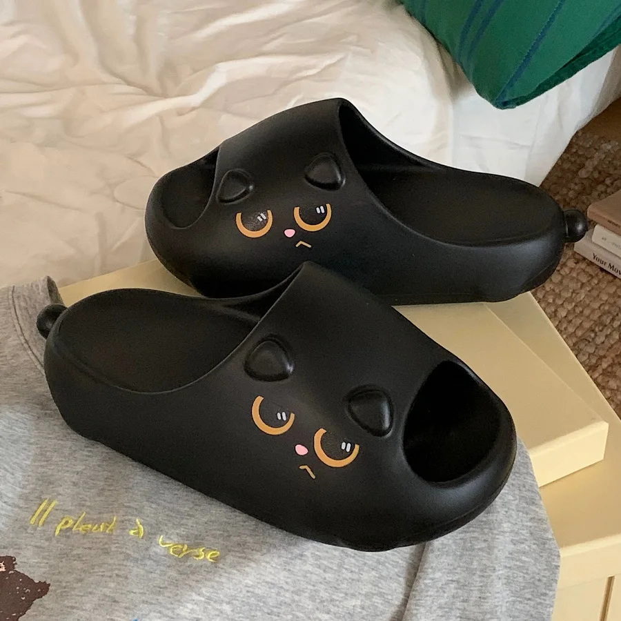 

Тапочки в форме черной кошки для мужчин и женщин, летние, антибактериальные, с защитой от запаха, нескользящие, на толстой подошве, для дома и улицы, парные тапочки с котиками