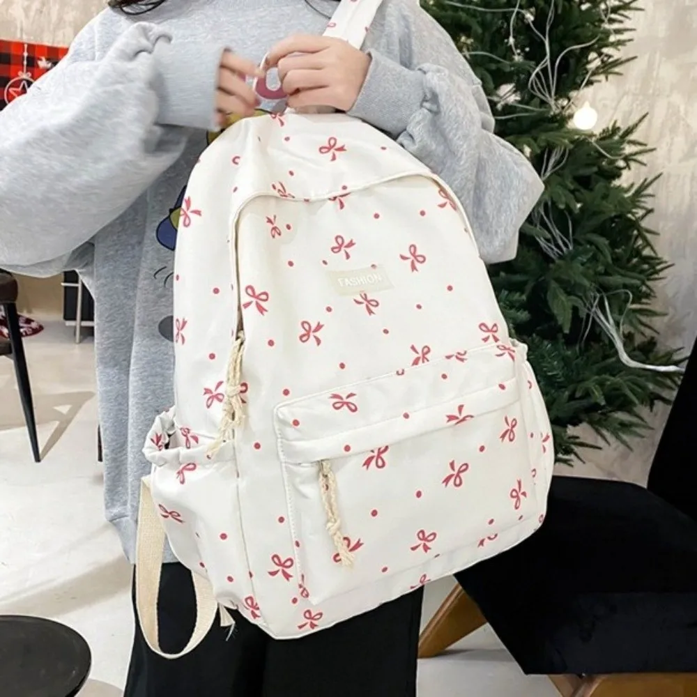 Nylon Material Bow Print Backpack Adjustable Straps Multi-Pocket Large Capacity School Bag Quilted Design Harajuku