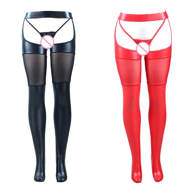 

Women Garters Faux Leather Tights Sexy Mesh Patchwork Over Knee Long Stockings