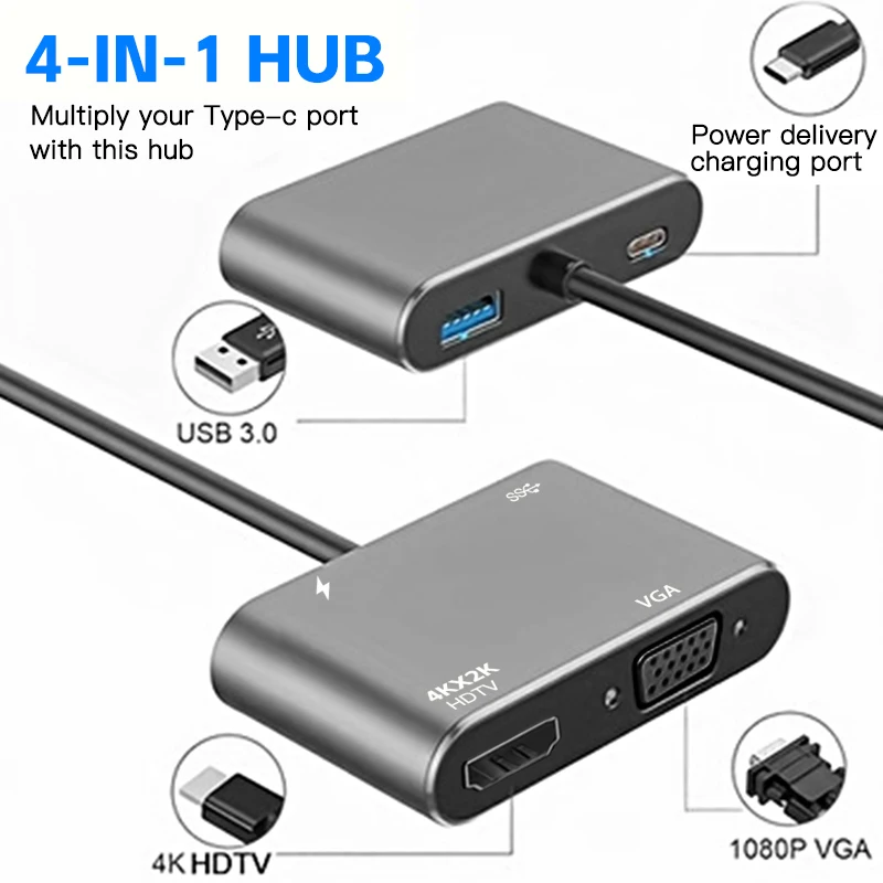 4-in-1 Type C Adapter Hub To HDTV VGA USB 3.0 Digital AV Multiport Adapter With TYPE-C PD Charging Port Compatible