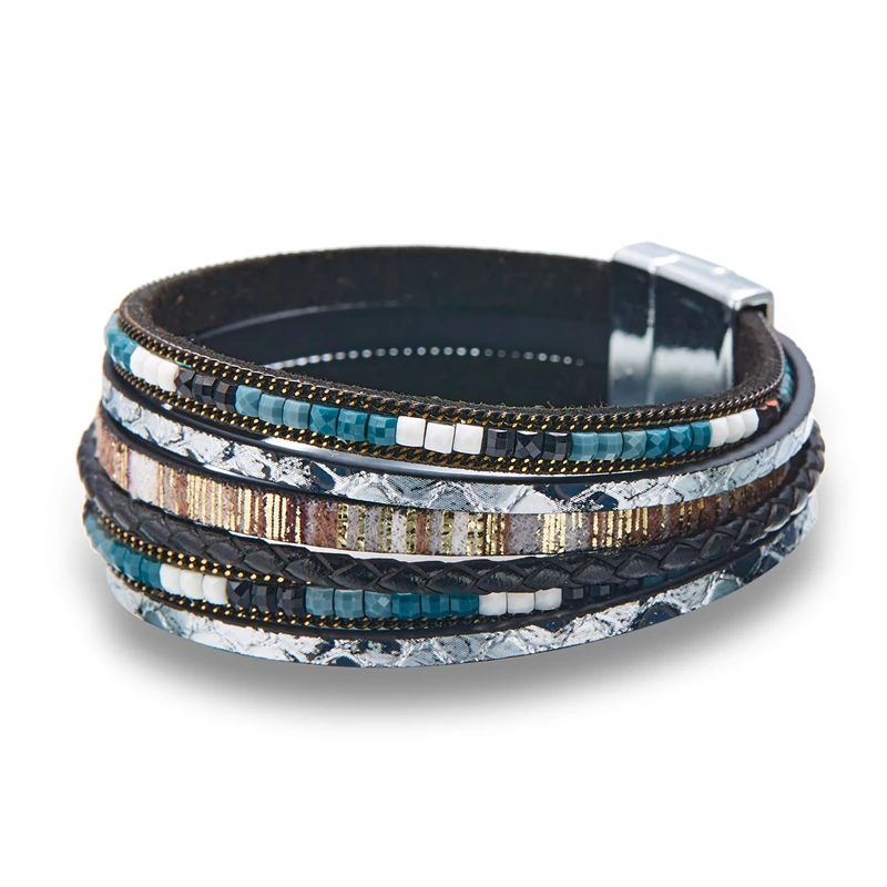 Böhmische Vintage mehr schicht ige Leder armbänder für Frauen hand gefertigte gewebte Leder breite Magnet verschluss Herren Armreif Modeschmuck – Detail 30