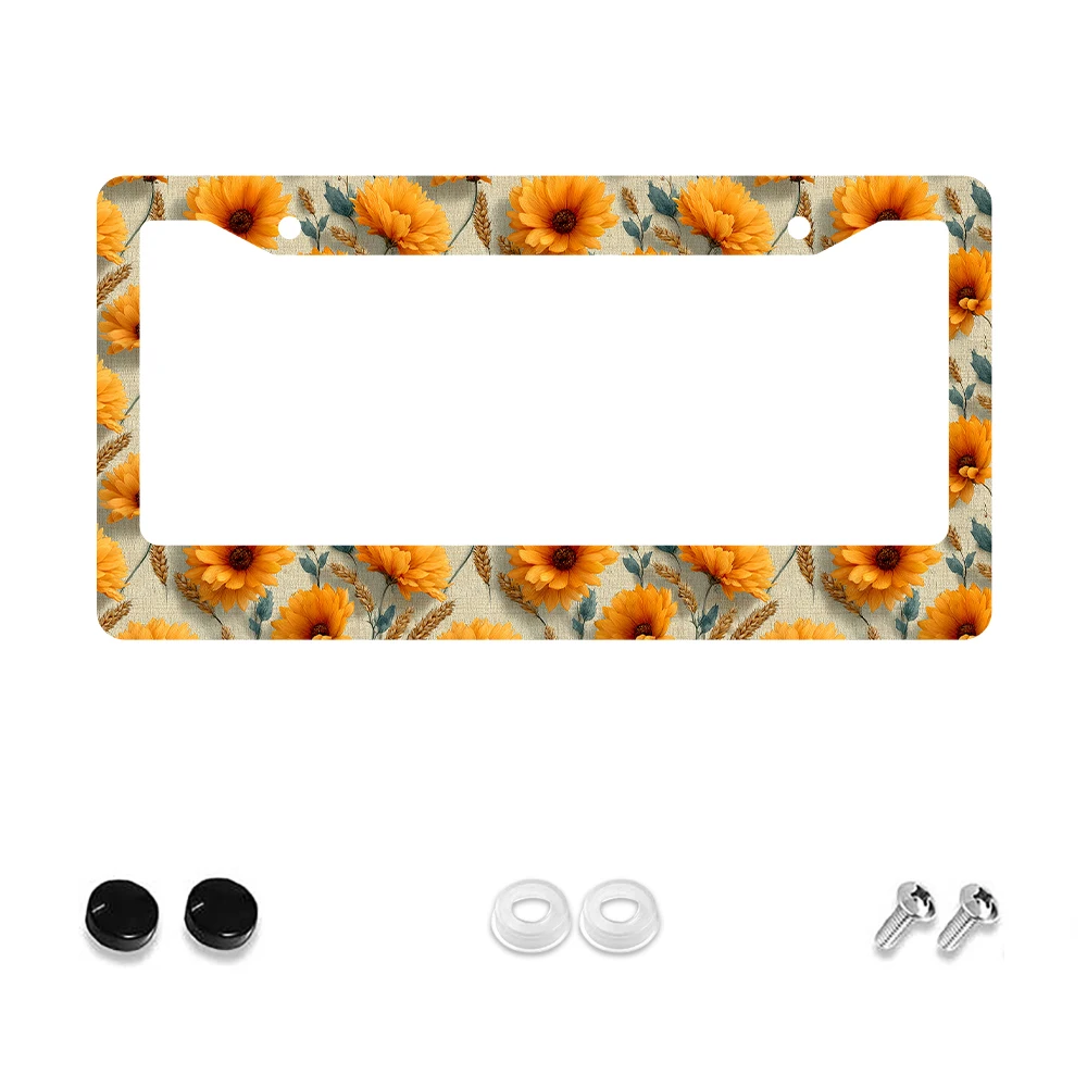 

1pc Orange Floral Pattern 2-Hole License Plate Frame, Aluminum Material, 6x12 Inches, with Screw Kit, Retro Novelty Car Decorat