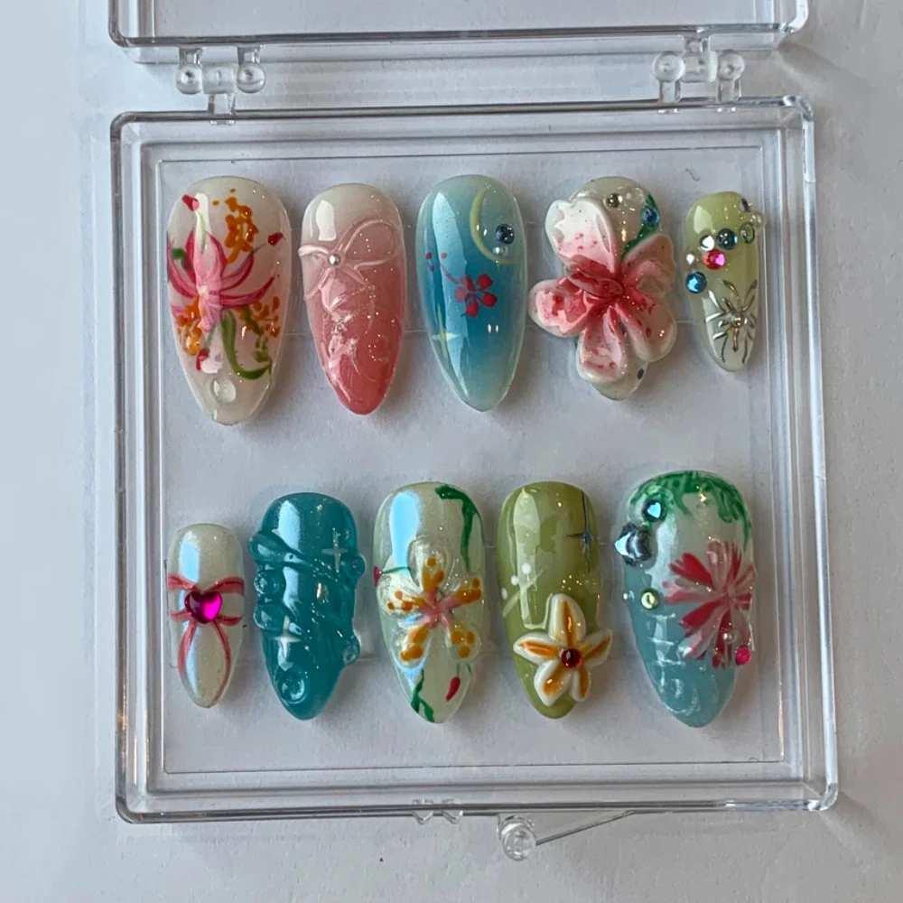 

10Pcs Handmade Manicure Short Almond Fake Nails 2024 New Cute 3D Flower Nails Press On Nails Design with Adhesive Nail File Set