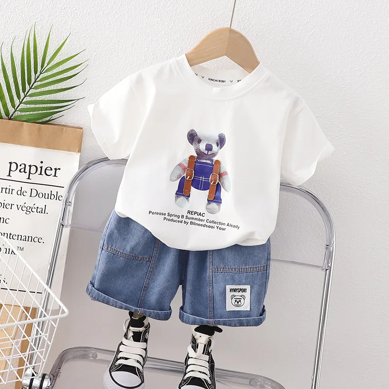 

Summer Baby Boy Outfit Set Korean Kids Clothes Cartoon Printed Pullover Short Sleeve T-shirts Tops and Denim Shorts Tracksuits