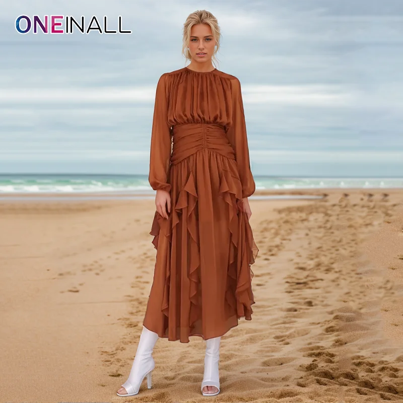 

ONEINALL Puffy Sleeve Gown For Women Round Neck Lantern Sleeve High Waist Spliced Zipper Ruffle Hem Midi Dress Female Summer New