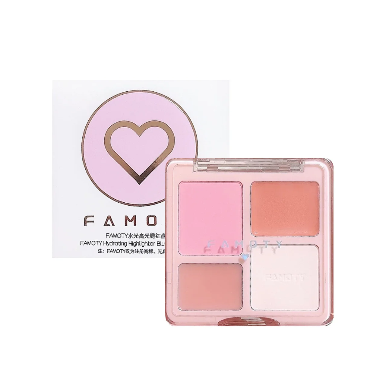 FAMOTY Blush Highlighter Palette Natural Pink Glow Buildable Shimmer Cute Pure Desire Look 3D Face Contouring Vegan Makeup