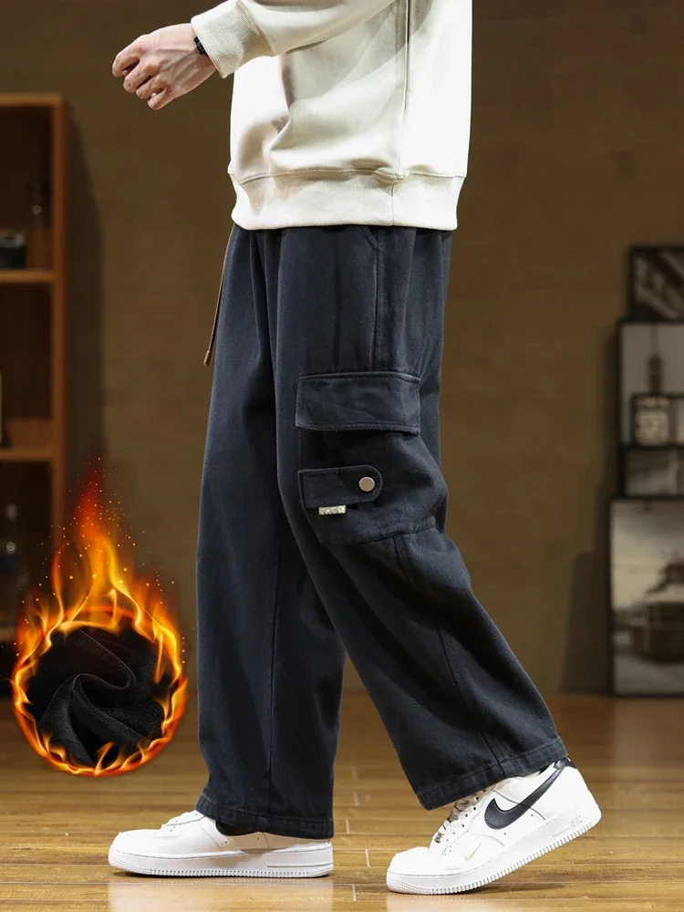 

2024 Winter New Cargo Pants Men Fleece Liner Thick Warm Cotton Casual Wide Pants Male Loose Straight Trousers Big Size 8XL