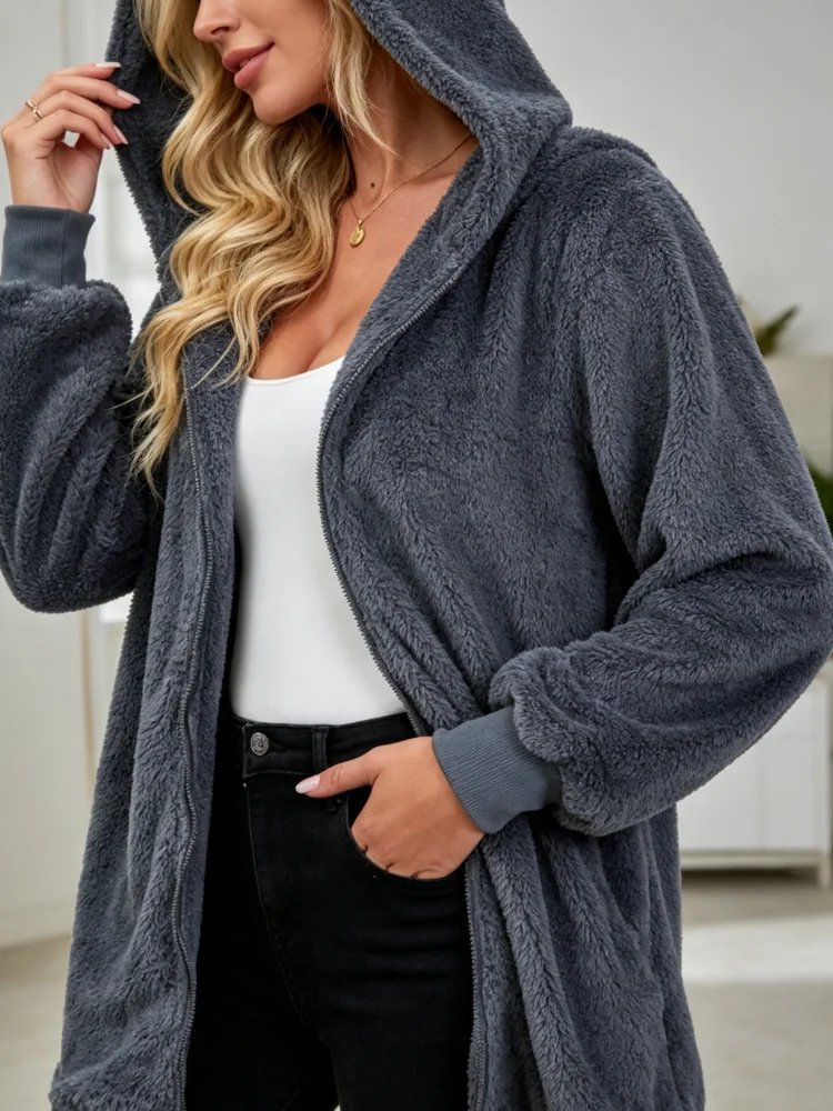 Fleece-Hoodie-Jacke für Damen mit Reißverschluss, Langarm, Locker Geschnittener Plüschmantel mit Taschen, Lässige Warme Winter-Oberbekleidung für den Alltag zu Hause – Detail 2