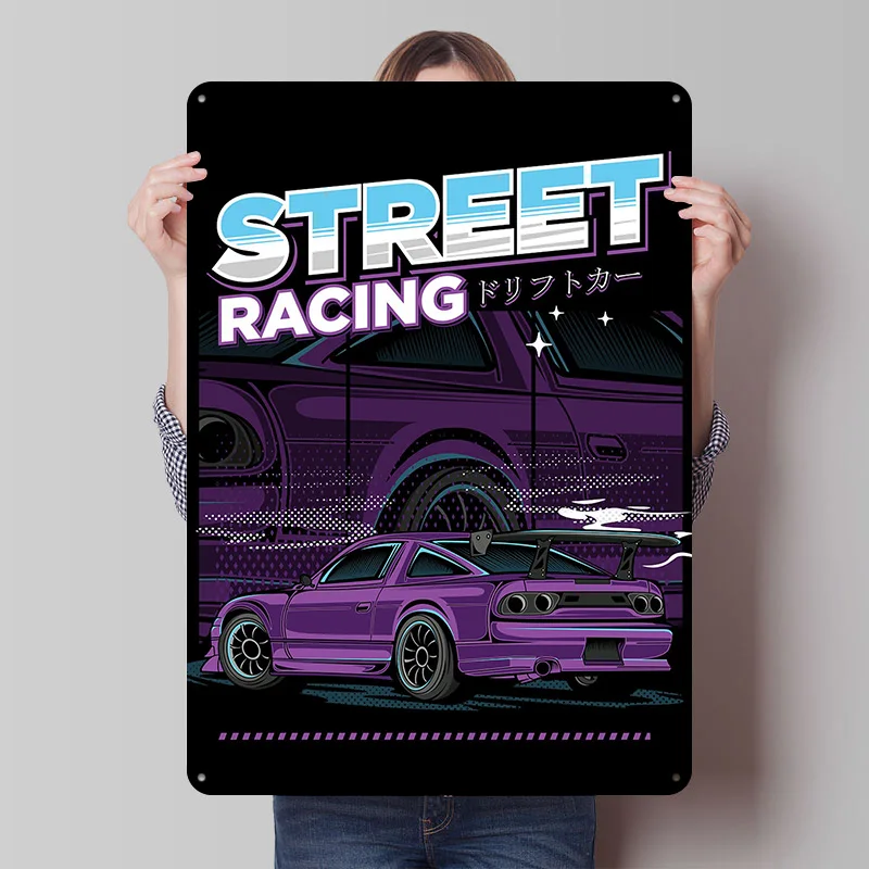 Street Racing Drift Car Printed Poster Customized Wall Art Retro Vintage Metal Tin Signs for Garage Aesthetic Decoration Room