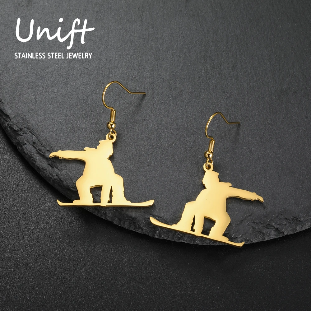 Unift Skier Snowboard Earrings for Women Stainless Steel Sports Player Figure Adventure Earrings Statement Jewelry Ear Piercing