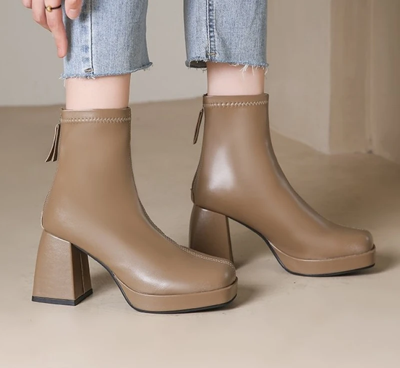 NEW Winter Women's Square Heel Ankle Boots Rear Zipper Thick Heel Square Toe Modem Boots for Women Ladies Casual  Platform Shoes