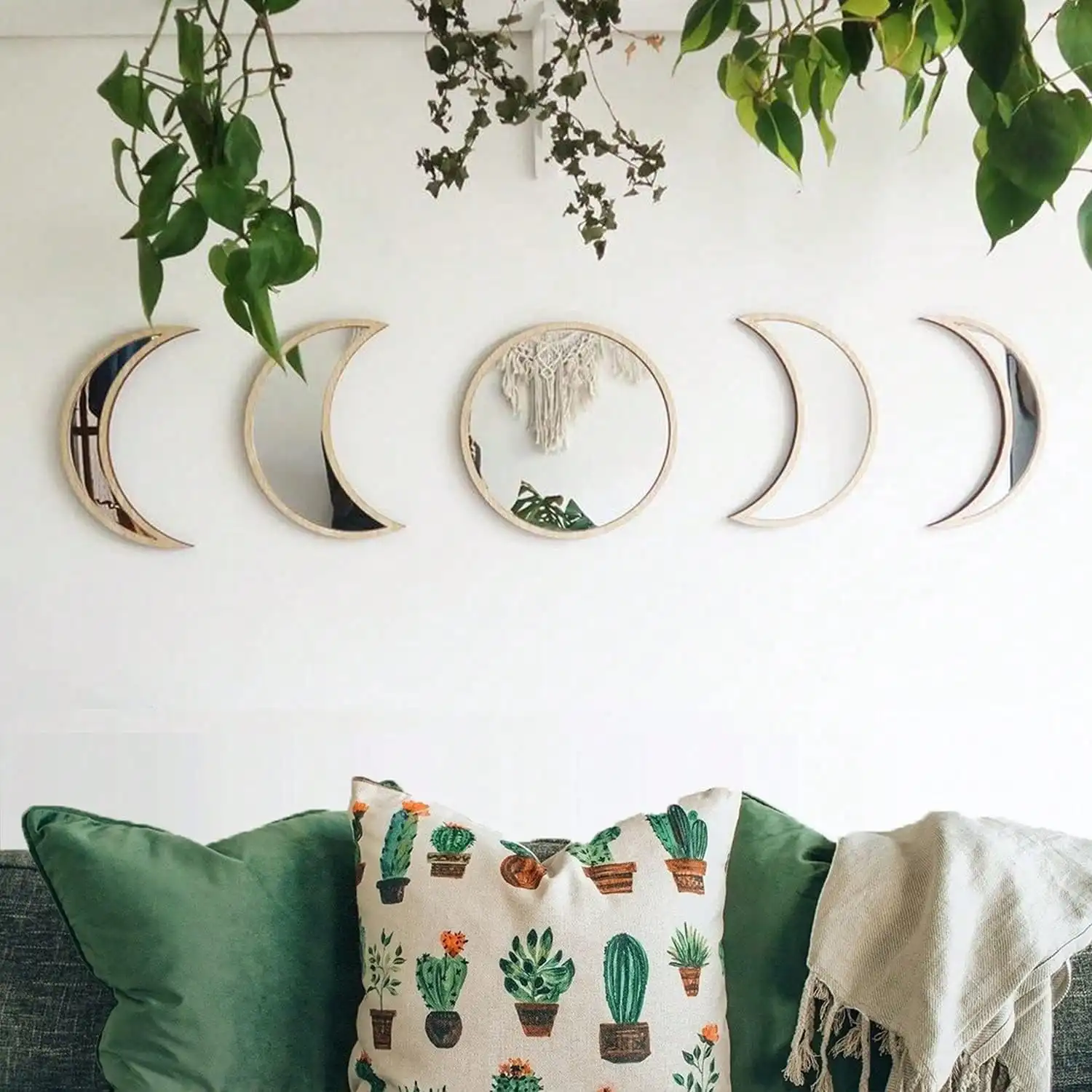 alosuka Moon Phase Mirror Set, 5 Piece Scandinavian Natural Decor Wall Decorative Acrylic Mirror Bohemian Moon Mirror For Living Room Bedroom, Home , Not Real Mirror Home Decor Back To School Room Decor School Supplies
