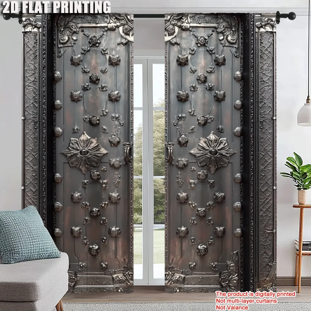 

2Pcs Door Pattern Digital Printed Window Curtain For Living Room Bedroom Decoration Polyester Material Machine Washable