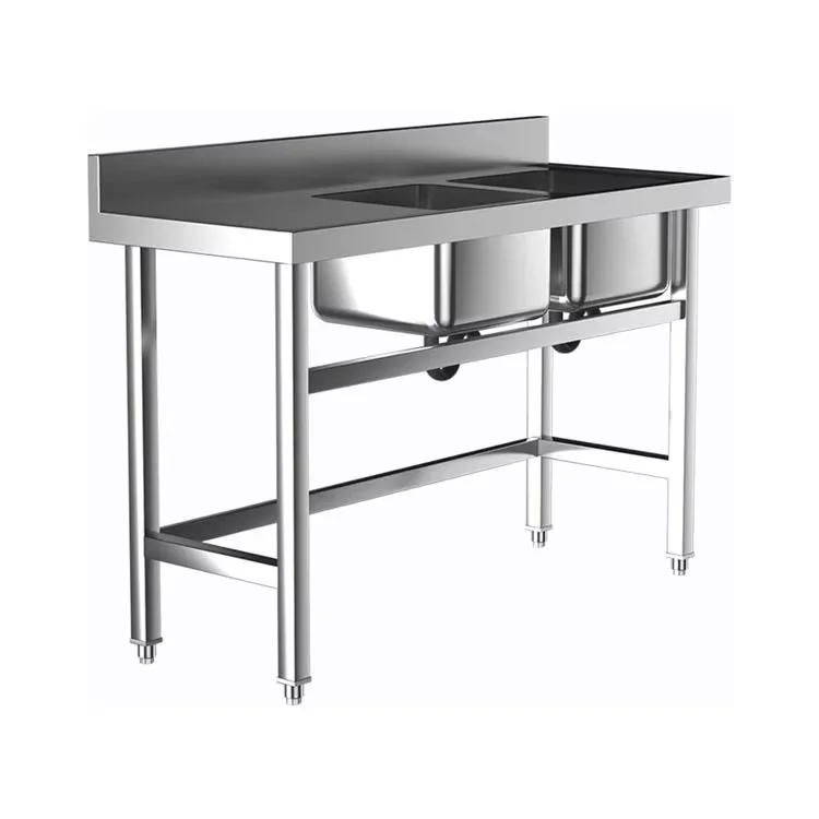 Commercial Hotel Kitchen Equipment Double Bowl Stainless Steel Sink with Work Table Square Shape and Two Holes view 2