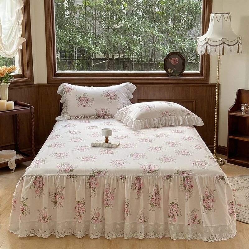 Vintage Lace Ruffles Rose Print Pure Cotton Bedding Set Duvet Cover Set 1.4M/1.5M/1.6M/1.8M/2M Bed Skirt Bedspread Pillowcases