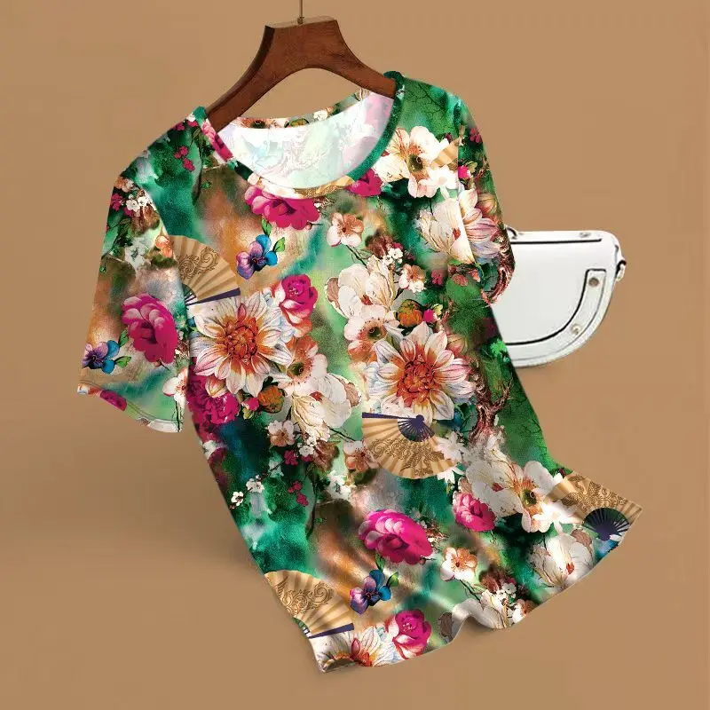 SYsYouthfully Summer 3d Fllower Printed Top Women Loose Short Sleeve T Shirts Ice Silk Polyester Casual Thin Outdoor Homewear