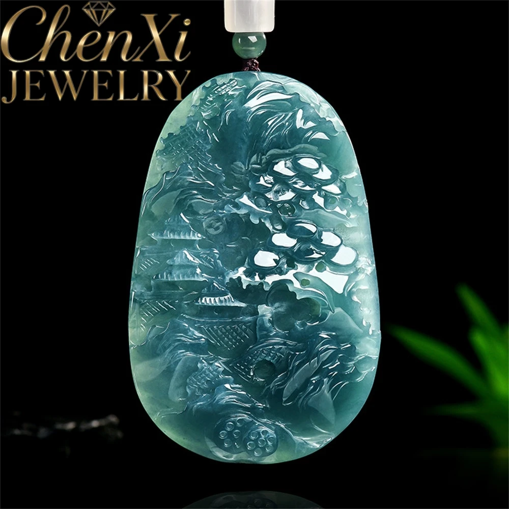 High-End Natural Grade A Jade Blue Water Mountains Waters Brand Imagery Mellow Icy Mellow Quality Pendant Fine Jewelry Gift