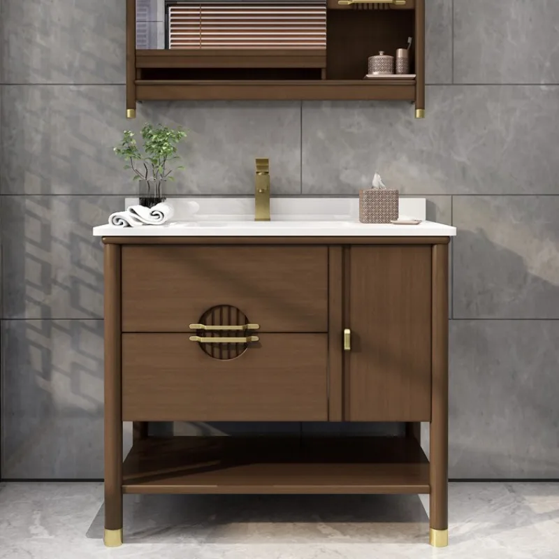 モダンな新しい中国風バスルーム用オーク材製浴室キャビネット、無垢材製洗面台付き