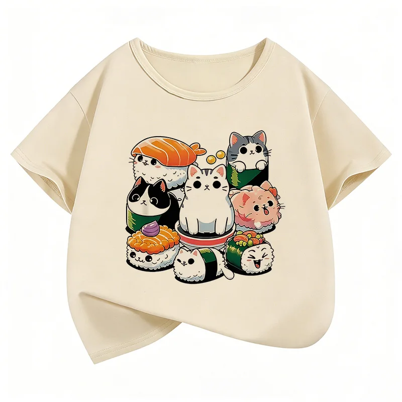 Lustiges Sushi-Katzen-Design Bedruckte T-Shirts Kurzarm Kinder-T-Shirt Jungen Mädchen Sommer Frühling Niedliches Oberteil T-Shirt