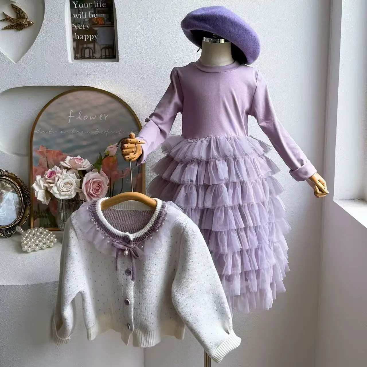 2026 ملابس الخريف للأطفال أنيق البولكا نقطة سترة متماسكة الفتيات طفل طويل الأكمام المرقعة تول المتدرج تنورة فستان الأميرة #4