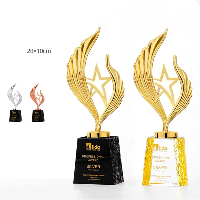 Customized Wings Handshake Shape Crystal Base Metal Trophy, Honor Home Decoration Cooperation Souvenirs Staff Rewards Medal, 1Pc