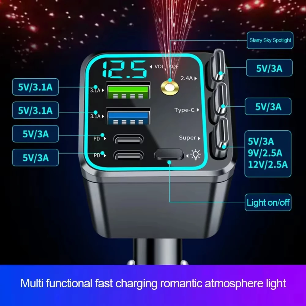 NEUES 7-in-1 120W Autoladegerät PD Typ C Schnellladegerät mit digitalem Voltmeter und 3 einziehbaren Kabeln für IOS- und Android-Handys