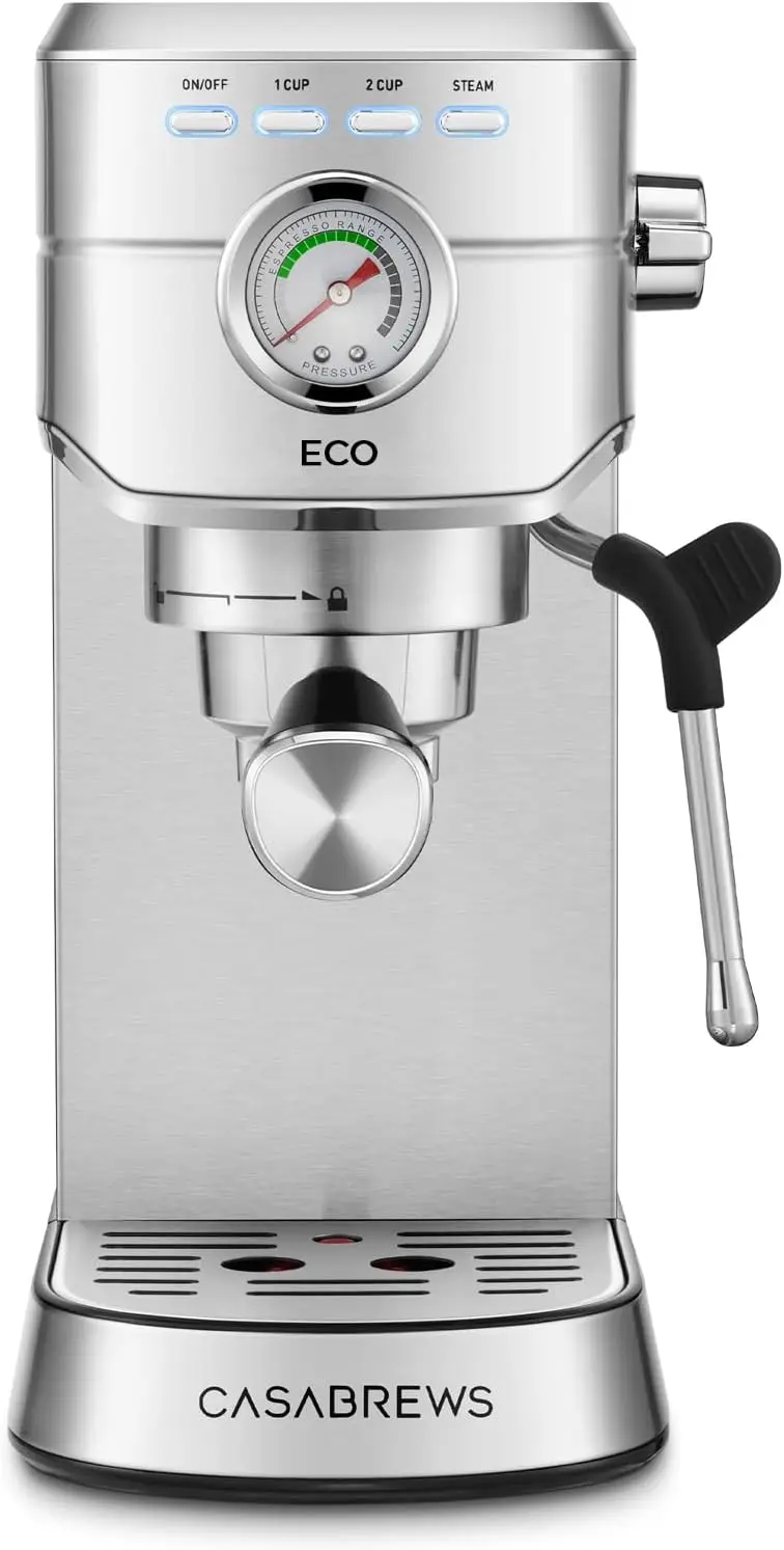 20 Bar Espresso Machine with Steam Wand, PFAS-Free, 34oz Tank for Latte & Cappuccino, Silver