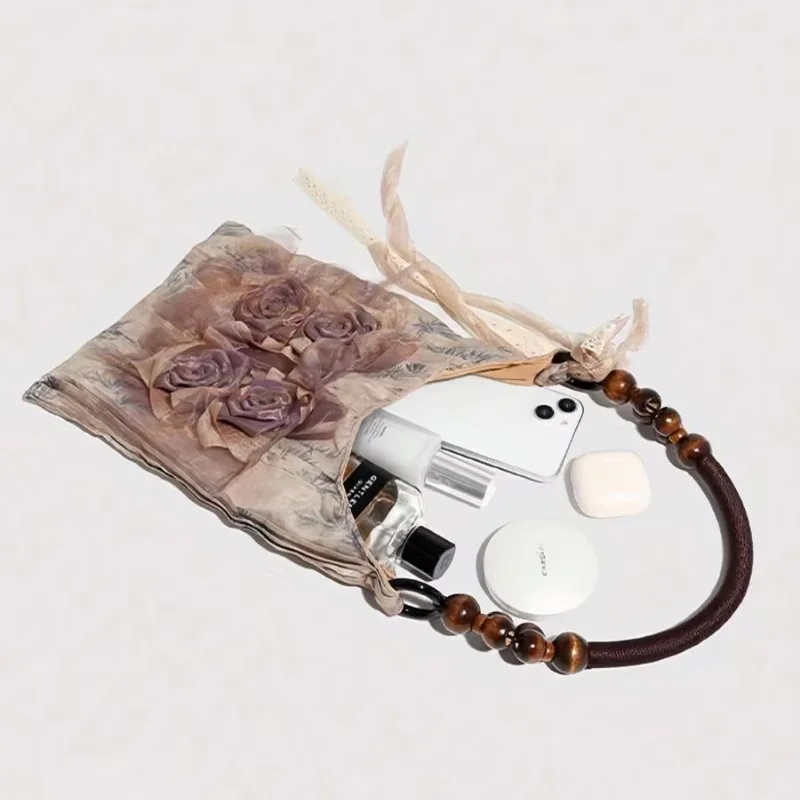 Niche Retro Valentine‑Themed Women Tote Purse, Grass Tie‑Dye Rose‑Ornament Pleated Underarm Shoulder Bag, Ideal for Daily Commuting and Casual Outings