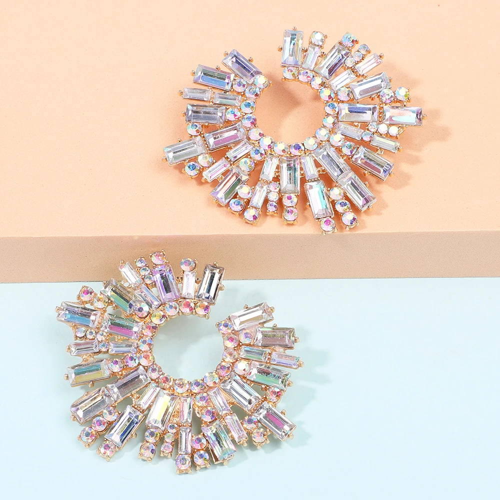 Luxury Round Big Stud Earrings For Women Girl Trend Ear Accessories Boho Colorful Geometric Rhinestone Brincos Vintage Jewelry