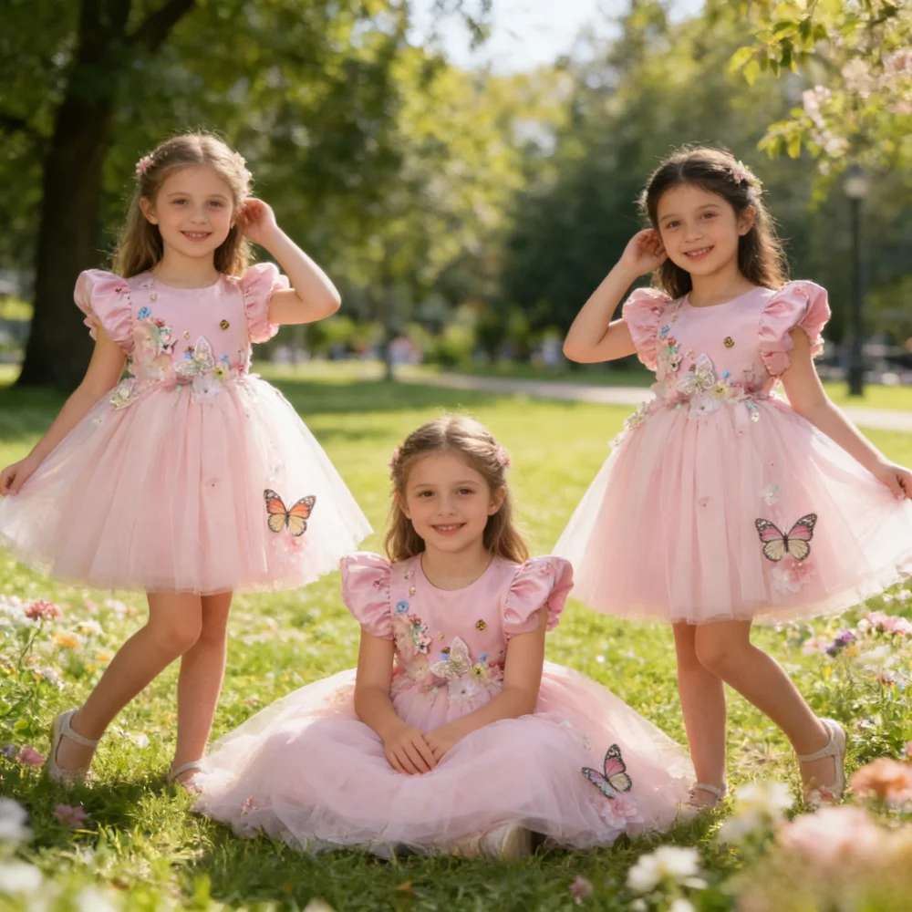 

New Girls Dress Bubble Puff Sleeves Applique Kids Celebration Evening Children Costume Gown Baby Princess Girls Party Formal