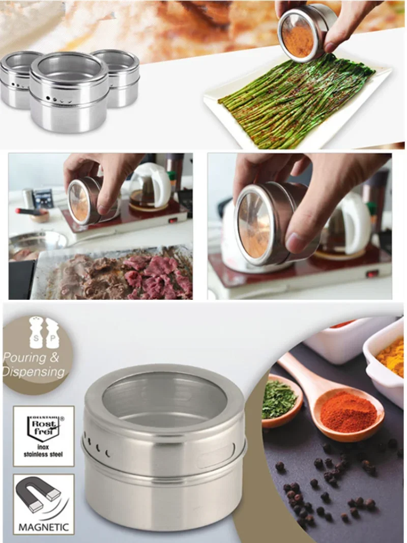 Powder Box Seasoning Box Stainless Steel Seasoning Pot Set with Stickers Sealed Barbecue and Spreading Magnet Storage Box